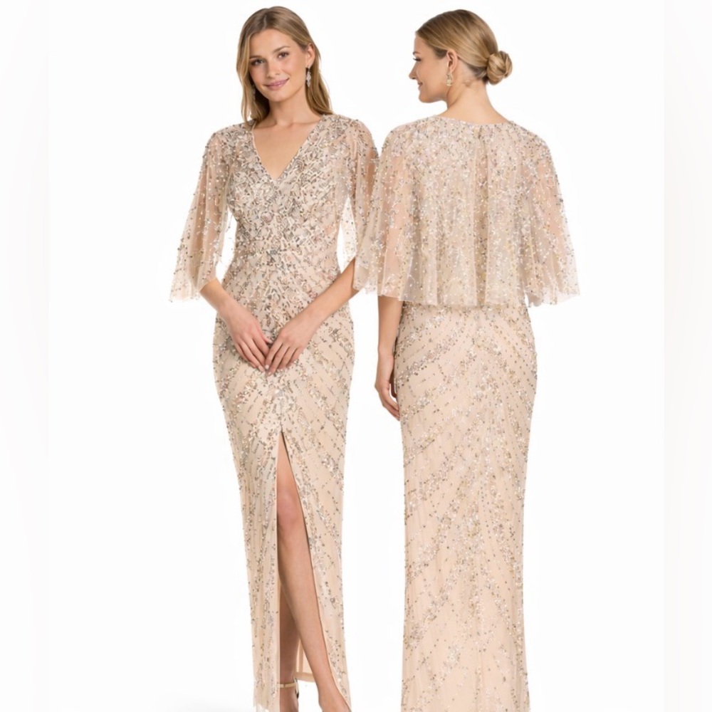 Aidan Mattox Dress 4 Gold Sequin Formal Long Maxi Cruise Party Wedding $550 NEW